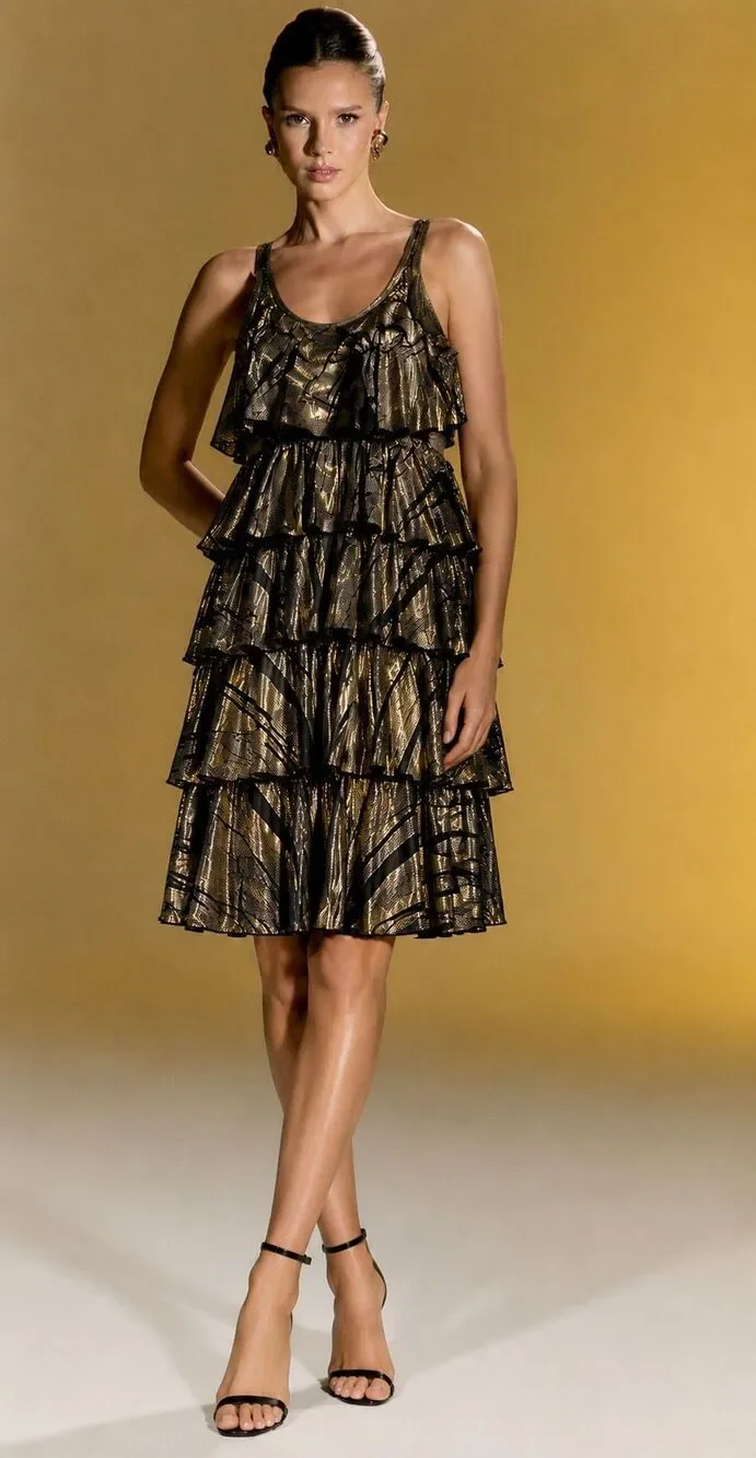 Nwt Michael Kors Metallic Gold Ruffle Flounce Tiered Ruffle cocktail Dress Xs Ne